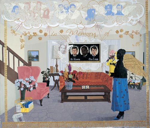 Kerry James Marshall. Souvenir II, 1997. Acrylic, collage and glitter on unstretched canvas banner. Purchased as the gift of the Addison Advisory Council in honor of John ('Jock') M. Reynolds’s directorship of the Addison Gallery of American Art, 1989-1998, Addison Gallery of American Art, Phillips Academy, Andover, Massachusetts.