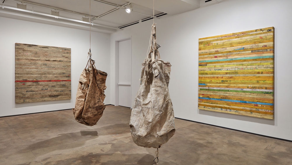 Hugo McCloud. behind it all I stood tall, 2016. Aluminum foil, aluminum coating and oil paint on tar paper, 97 7/8 x 79 in (248.6 x 200.7 cm). © Hugo McCloud, courtesy: Sean Kelly, New York.