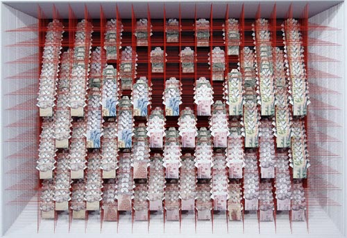 Glen Clarke. American Crater Near Hanoi #12 – APERS, 2006. Vietnam, US, Laos, Cambodia currency; cotton thread; framed, H 76.5 x W 103.5 x D 27 cm. Signed verso. Image courtesy of the Despard Gallery.