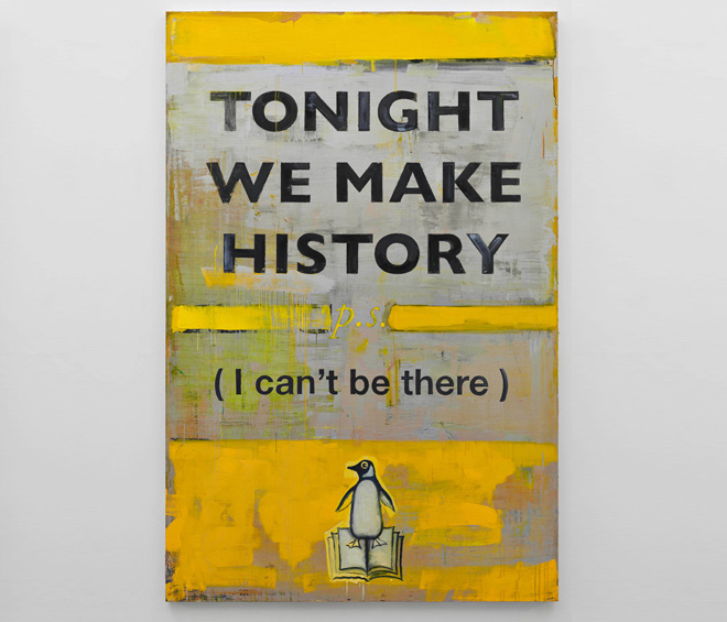 Harland Miller. Back On The Worry Beads, 2016, Oil on canvas, 276 x 183 cm. Courtesy the artist and Blain Southern. Photograph: Peter Mallet.