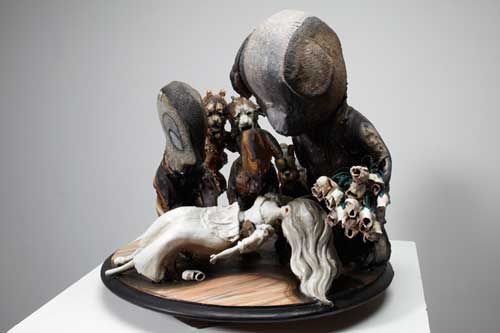 Cathie Pilkington. Snow White, 2010. Wood, lino, plaster, clay, fabric, paint, 46 x 46 x 46 cm. © the artist and Space Station Sixty-Five. Photo: Graham Challifour.