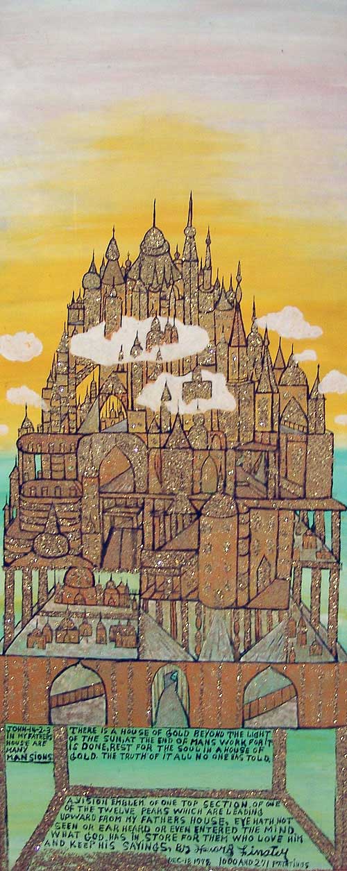 Howard Finster (1915 or 1916-2001), There is a House of Gold, #1000.271,
1978. Enamel and glitter on Masonite. Collection of John Turner