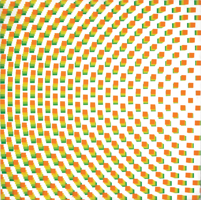François Morellet. Du vert à l’orange (5 passes de carrés réguliers pivotées sur le côté), 1971. Silkscreen ink on wood, 80 x 80 cm. Courtesy The Mayor Gallery, London.