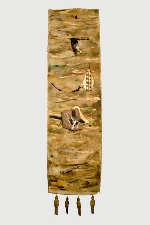 Sana Musasama. They Raped the Mountains for the Gold, 2007-10. Ceramic and mixed media on painted canvas, 60 x 17 in.
Courtesy of the June Kelly Gallery, NY.