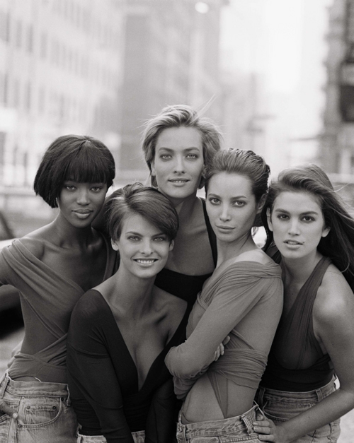 Naomi Campbell, Linda Evangelista, Tatjana Patitz, Christy Turlington, and Cindy Crawford in tops, 1990, by Giorgio di Sant’Angelo (American, born Italy, 1933–1989). British Vogue, January 1990. Photograph by Peter Lindbergh (German, born 1944). Photograph courtesy of Peter Lindbergh.