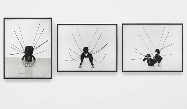 Senga Nengudi, Performance Piece, 1977. Silver gelatin prints, triptych, overall dimensions 300.8 x 104.1 cm. Courtesy Sprüth Magers and Thomas Erben Gallery, New York. Photo: Harmon Outlaw.