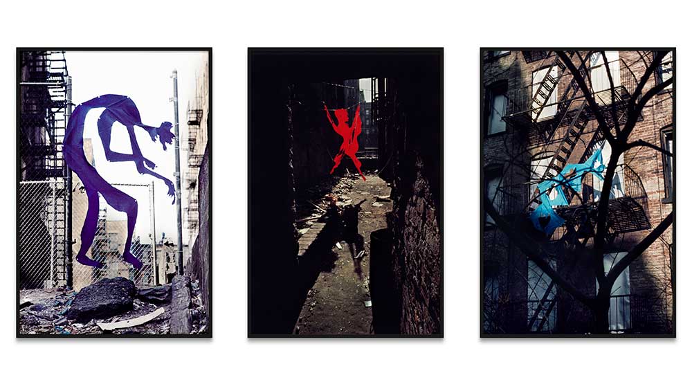 Senga Nengudi, Down (Purple), Red Devil (soul 2), Drifting Leaves, 1972. C-prints, Triptych courtesy of Sprüth Magers and Thomas Erben Gallery, New York. Photo: Doug Harris.