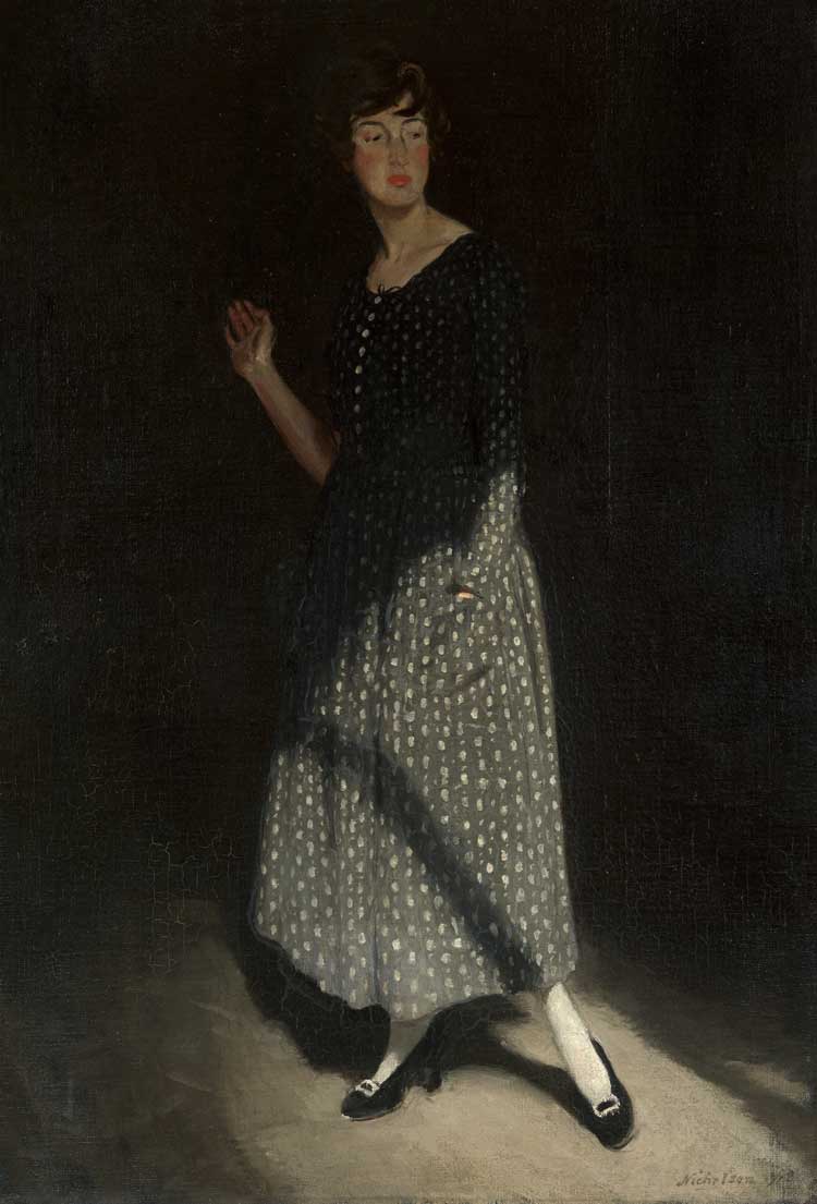 William Nicholson, Lady in Grey, 1918. Oil on canvas laid on board, 100.5 x 66.5 cm. Osbourne Samuel Gallery.