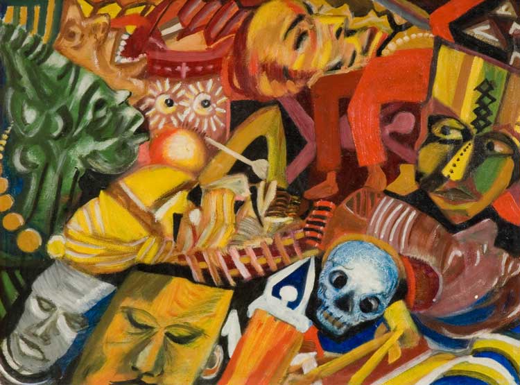 Uche Okeke, Fantasy and Masks c1960. © The Prof Uche Okeke Legacy Limited and Asele Institute Ltd. Photo courtesy of Research and Cultural Collections University of Birmingham.