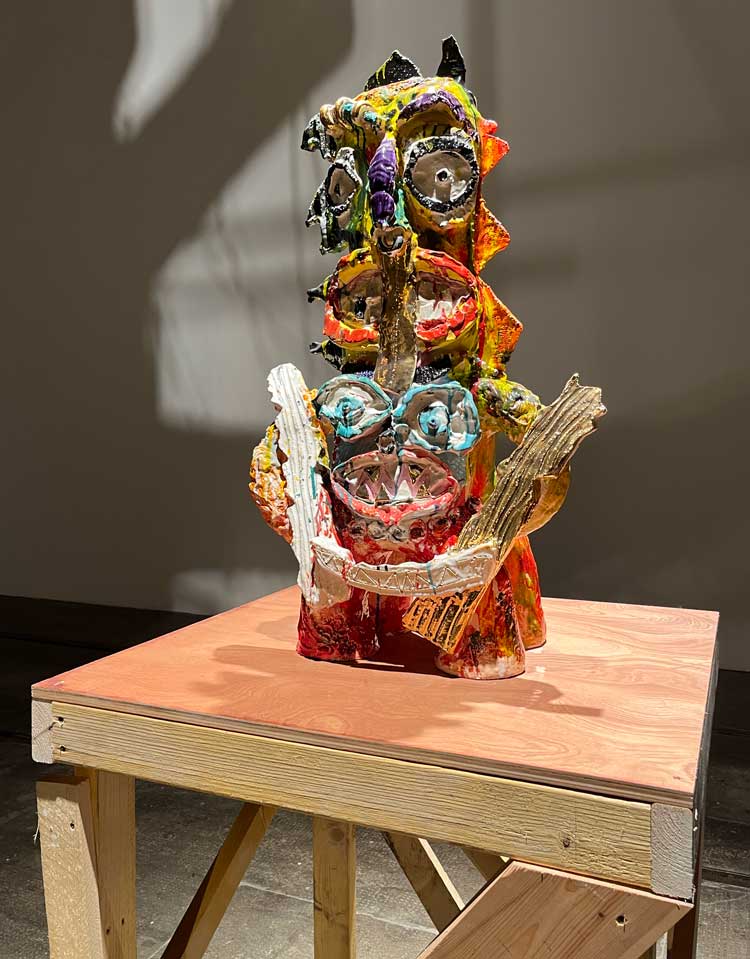 Ramesh Mario Nithiyendran. Guardian Figure with Shields, 2023. Glazed ceramic, 85 x 65 x 45 cm. Photo: Veronica Simpson.