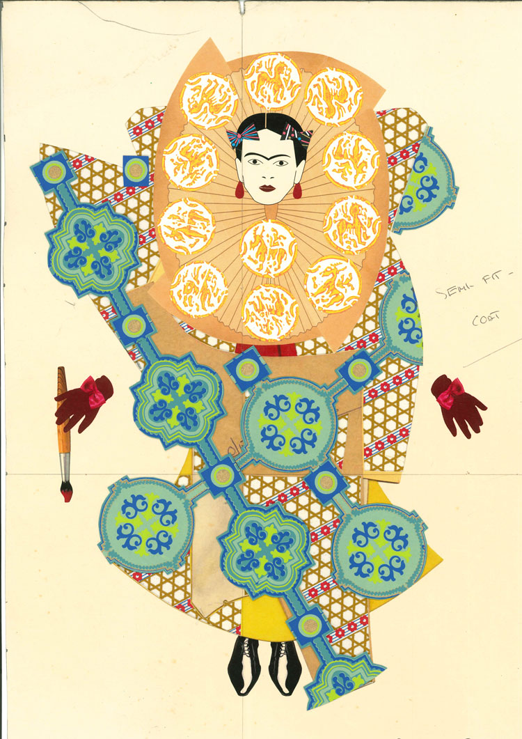 Hormazd Narielwalla. The Queen series - Frida Korea, 2021. Paper collage cut out and print on tailoring pattern, 42 x 29.7 cm. Copyright Hormazd Narielwalla, courtesy of Emma Hill Eagle Gallery.