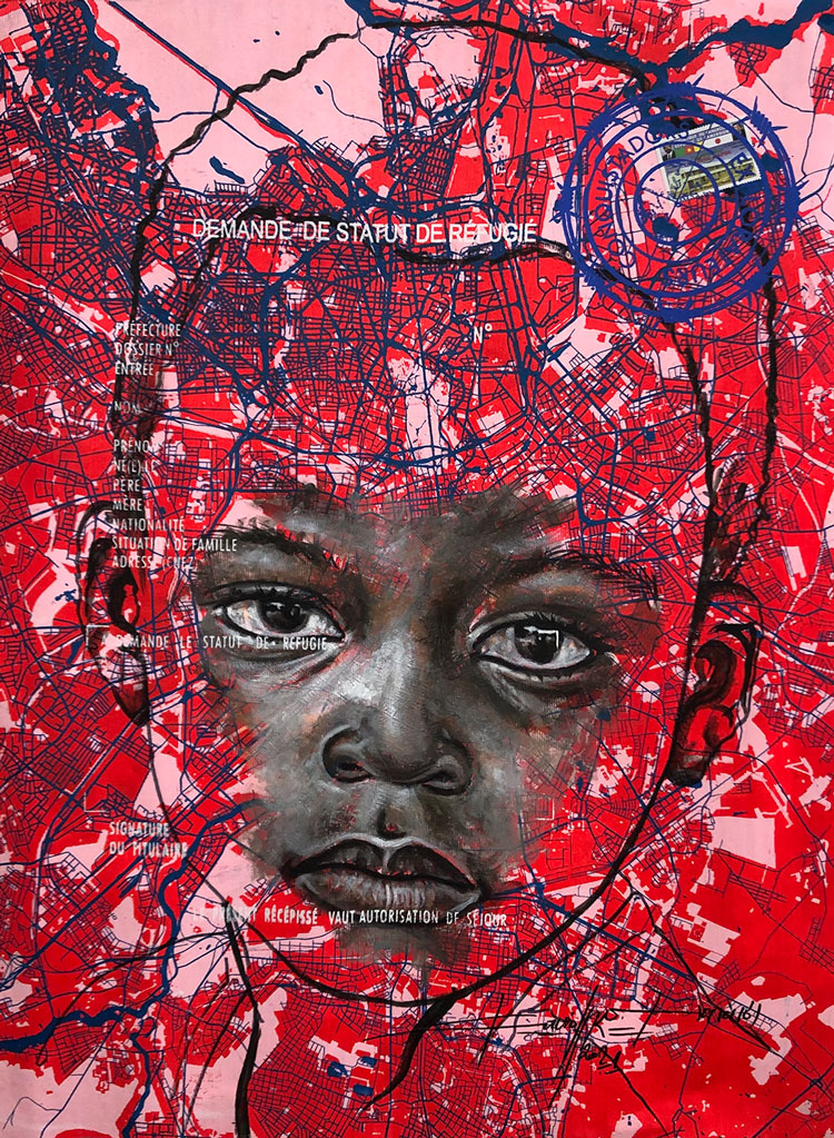 Jean David Nkot. www.look of hopes@.com #1, 2021. Acrylic, posca and silkscreen printing on canvas, 65 x 50 cm. Courtesy AFIKARIS Gallery.
