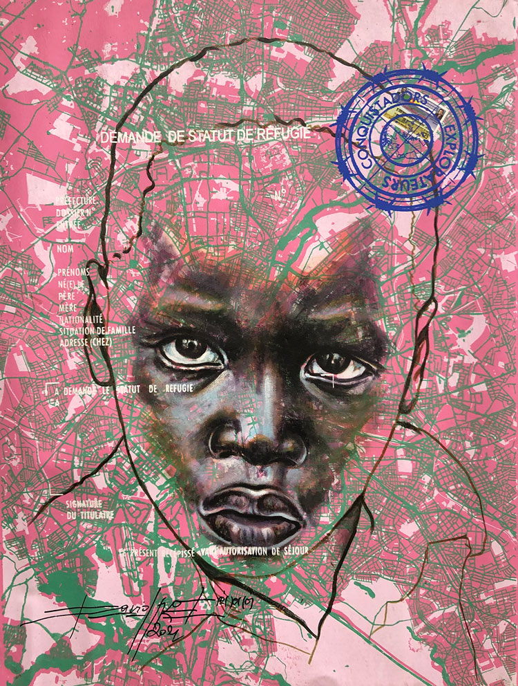 Jean David Nkot. www.look of hopes@.com #4, 2021. Acrylic, posca and silkscreen printing on canvas, 65 x 50 cm. Courtesy AFIKARIS Gallery.