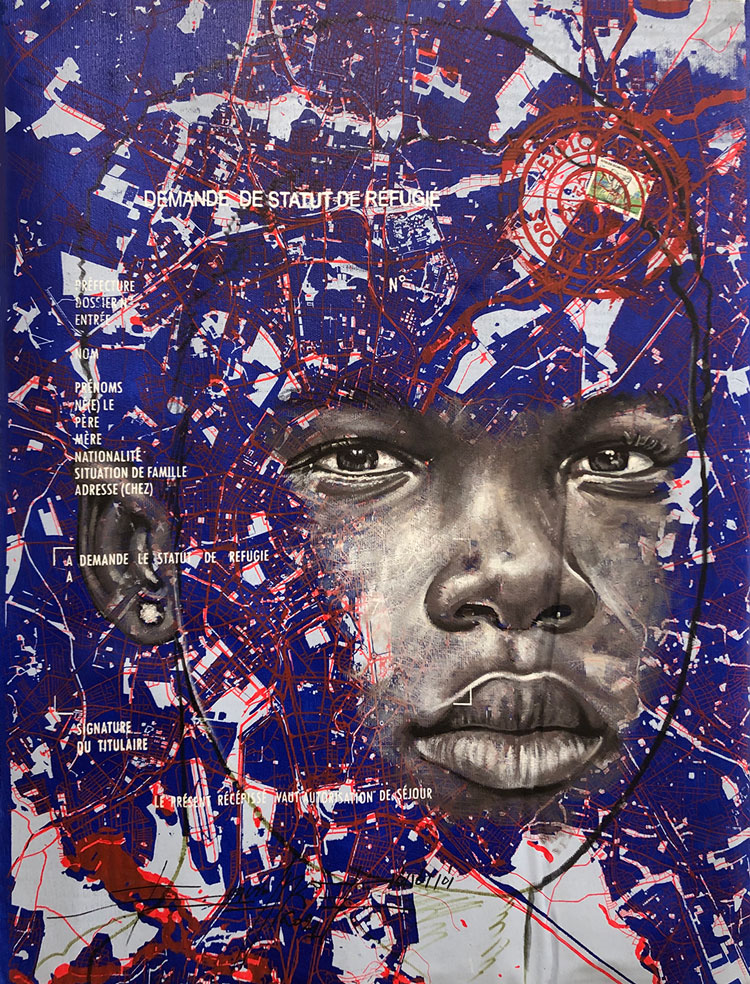 Jean David Nkot. www.look of hopes@.com #5, 2021. Acrylic, posca and silkscreen printing on canvas, 65 x 50 cm. Courtesy AFIKARIS Gallery.