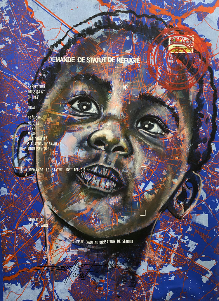 Jean David Nkot. www.look of hopes@.com #8, 2021. Acrylic, posca and silkscreen printing on canvas, 65 x 50 cm. Courtesy AFIKARIS Gallery.