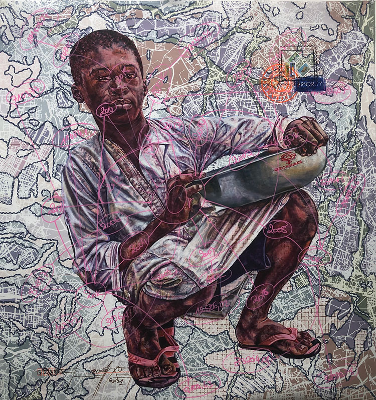 Jean David Nkot. @PPTE/ production/ or/.gmail.com, 2021. Acrylic, silkscreen printing and posca on canvas, 110 x 120 cm. Courtesy AFIKARIS Gallery.