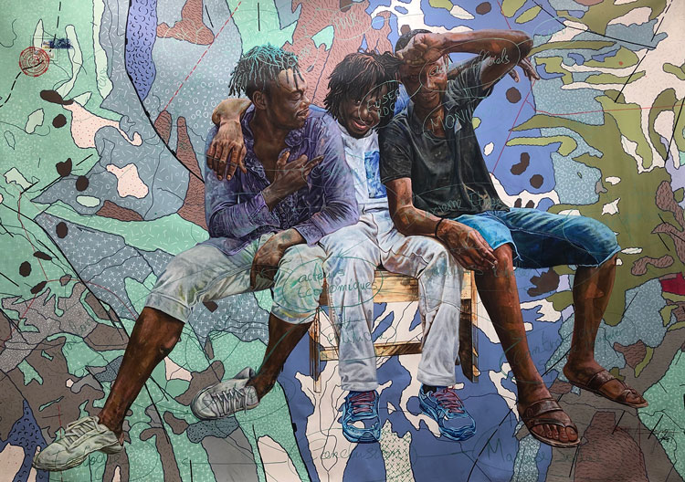 Jean David Nkot. Po.Box The hope of the soul, 2021. Acrylic, silkscreen printing, posca and collage on canvas, 200 x 300 cm. Courtesy AFIKARIS Gallery.