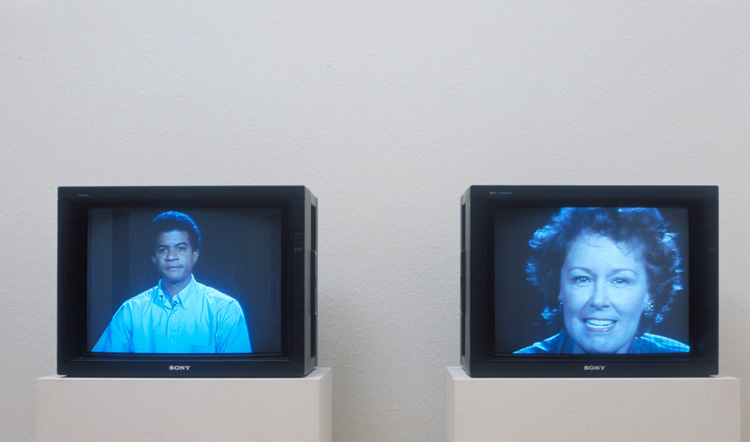 Bruce Nauman. Good Boy Bad Boy, 1985. Video, 2 monitors, colour and audio (mono), 60 min, 52sec. Tate: Purchased 1994. © ARS, NY and DACS, London 2020 .