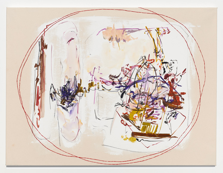 Carmen Neely. If you really love me, you'll talk to your therapist about me, 2019. Oil on canvas, embroidery, 30 x 40 in (76.2 x 101.6 cm). Courtesy of the artist and Jane Lombard Gallery.