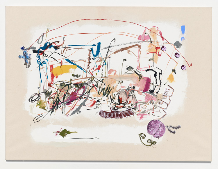 Carmen Neely. Maybe we're just drawing out bad diagrams, 2019. Oil and acrylic on canvas, enamel pin, embroidery, 30 x 40 in (76.2 x 101.6 cm). Courtesy of the artist and Jane Lombard Gallery.
