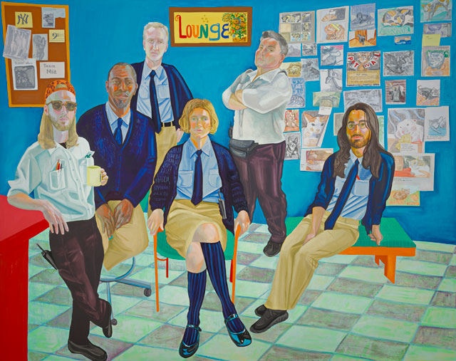 Aliza Nisenbaum, Morning Security Briefing at the Minneapolis Institute of Art, basement door open onto the Guard Lounge Pet Wall, 2017. Oil on linen, 190.5 x 241.3 cm. Courtesy of the artist and Mary Mary, Glasgow. Photo: Dan Dennehy, Minneapolis Institute of Art.