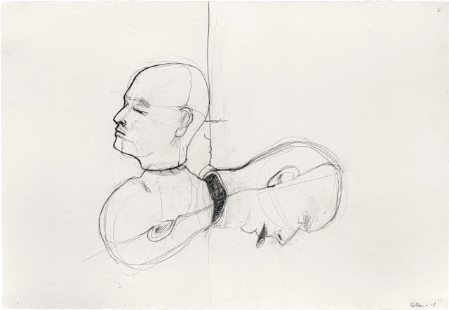 Bruce Nauman. Untitled (Heads), 2005. Pencil on paper, 30 1/8 × 44 in (76.5 × 111.8 cm). Private collection. © 2018 Bruce Nauman/Artists Rights Society (ARS), New York. Photo: Jason Mandella.