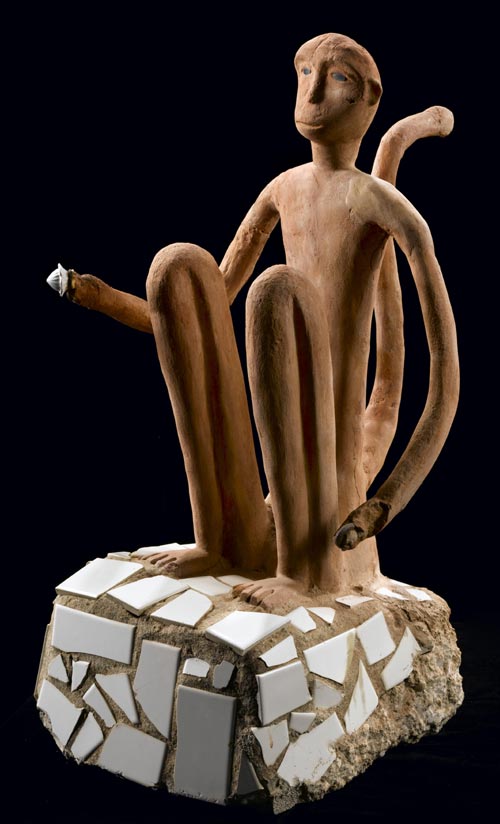 Nek Chand (b. 1924), Monkey, c. 1984. Concrete over metal armature with mixed media 24 x 12 x 14 in. Collection American Folk Art Museum, New York Gift of The National Children's Museum in honor of Gerard C. Wertkin 2004.25.19. Photo by Gavin Ashworth.