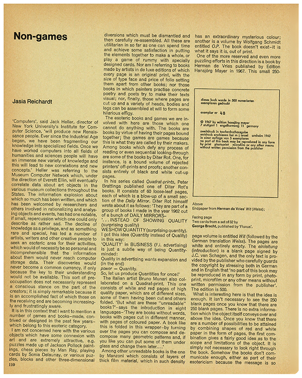 Non-games by Jasia Reichardt. Studio International, Vol 175, No 898, March 1968, p. 110.