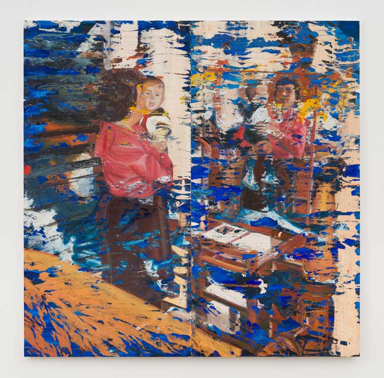 Angel Otero, A Sailor Before the Mirror, 2026. Oil paint and fabric collaged on canvas, 241.5 x 241.5 x 4 cm (95 1/8 x 95 1/8 x 1 5/8 in). Courtesy Angel Otero and Hauser & Wirth. Photo: Damian Griffiths.
