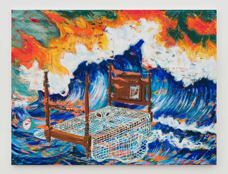 Angel Otero, Dreamcatcher, 2026. Oil paint and fabric collaged on canvas, 183.5 x 242 x 4 cm (72 1/4 x 95 1/4 x 1 5/8 in). Courtesy Angel Otero and Hauser & Wirth. Photo: Damian Griffiths.