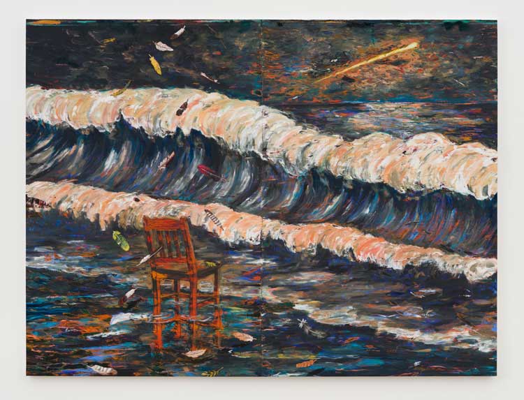Angel Otero, Remains of the Shore, 2026. Oil paint and fabric collaged on canvas, 183 x 242 x 4 cm (72 x 95 1/4 x 1 5/8 in). Courtesy Angel Otero and Hauser & Wirth. Photo: Damian Griffiths.