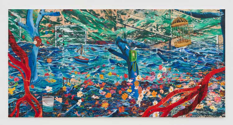 Angel Otero, The Room that Learned to Breathe, 2026. Oil paint and fabric collaged on canvas
241.5 x 483.5 x 4 cm (95 1/8 x 190 3/8 x 1 5/8 in). Courtesy Angel Otero and Hauser & Wirth. Photo: Damian Griffiths.