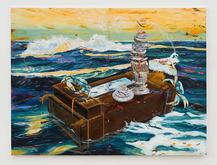 Angel Otero, A Two Man Island, 2026. Oil paint and fabric collaged on canvas, 182.5 x 242 x 4 cm (71 7/8 x 95 1/4 x 1 5/8 in). Courtesy Angel Otero and Hauser & Wirth. Photo: Damian Griffiths.