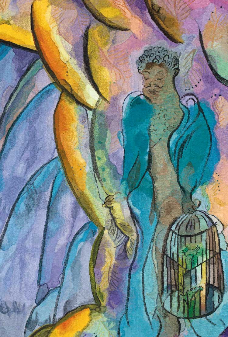 Chris Ofili, The Caged Bird's Song, 2014–17. Triptych (right panel), wool, cotton and viscose, 280 x 184 cm. © Chris Ofili. Courtesy the artist and Victoria Miro, The Clothworkers' Company and Dovecot Tapestry Studio Edinburgh. Photo: Gautier Deblonde.