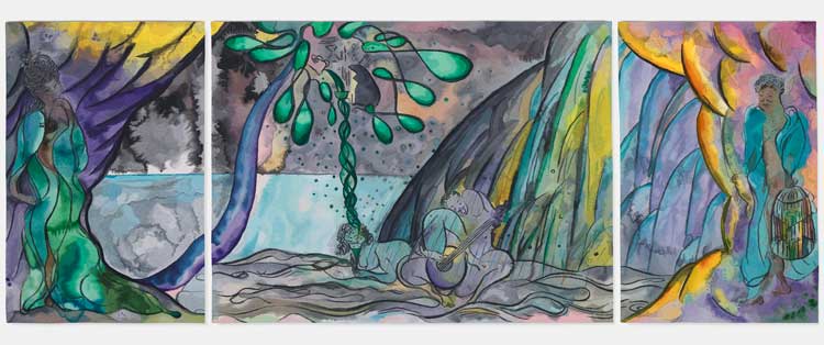 Chris Ofili, The Caged Bird's Song, 2014–17. Triptych, wool, cotton and viscose, left and right panels each 280 x 184 cm; centre panel 280 x 372 cm. © Chris Ofili. Courtesy the artist and Victoria Miro, The Clothworkers' Company and Dovecot Tapestry Studio Edinburgh. Photo: Stephen White.