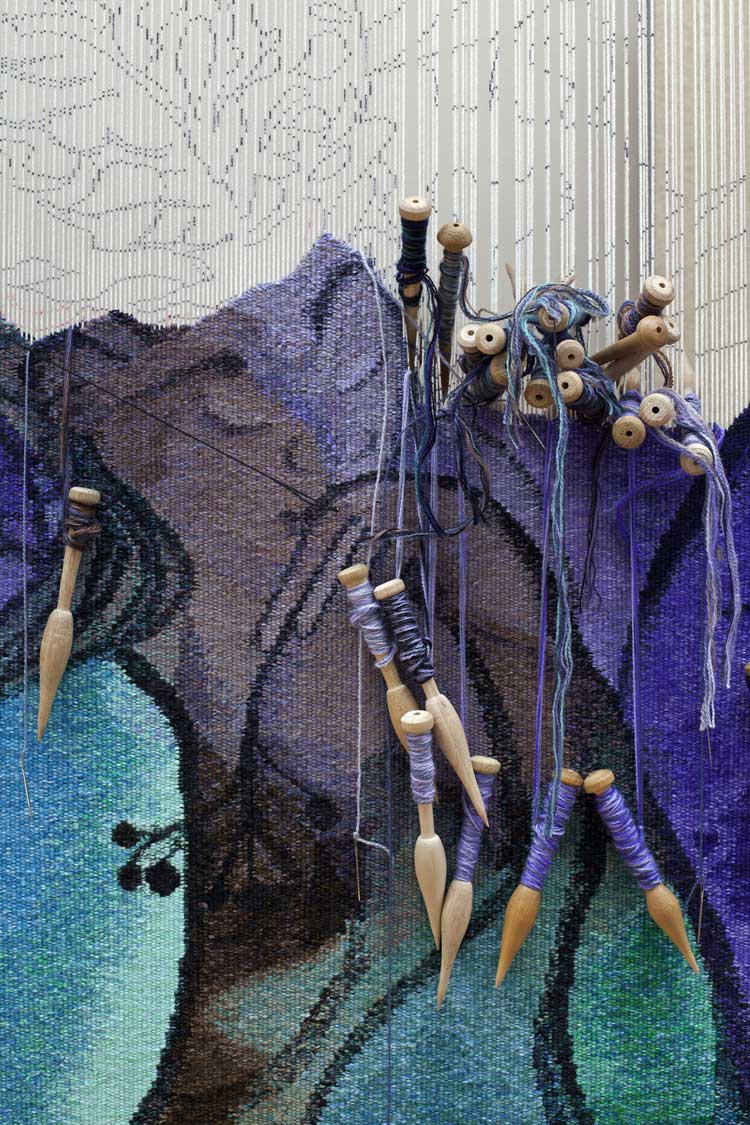 Chris Ofili, The Caged Bird's Song, 2014–2017 at Dovecot Tapestry Studio, Edinburgh. Courtesy the artist and Victoria Miro, The Clothworkers' Company and Dovecot Tapestry Studio, Edinburgh. Photo: Gautier Deblonde.