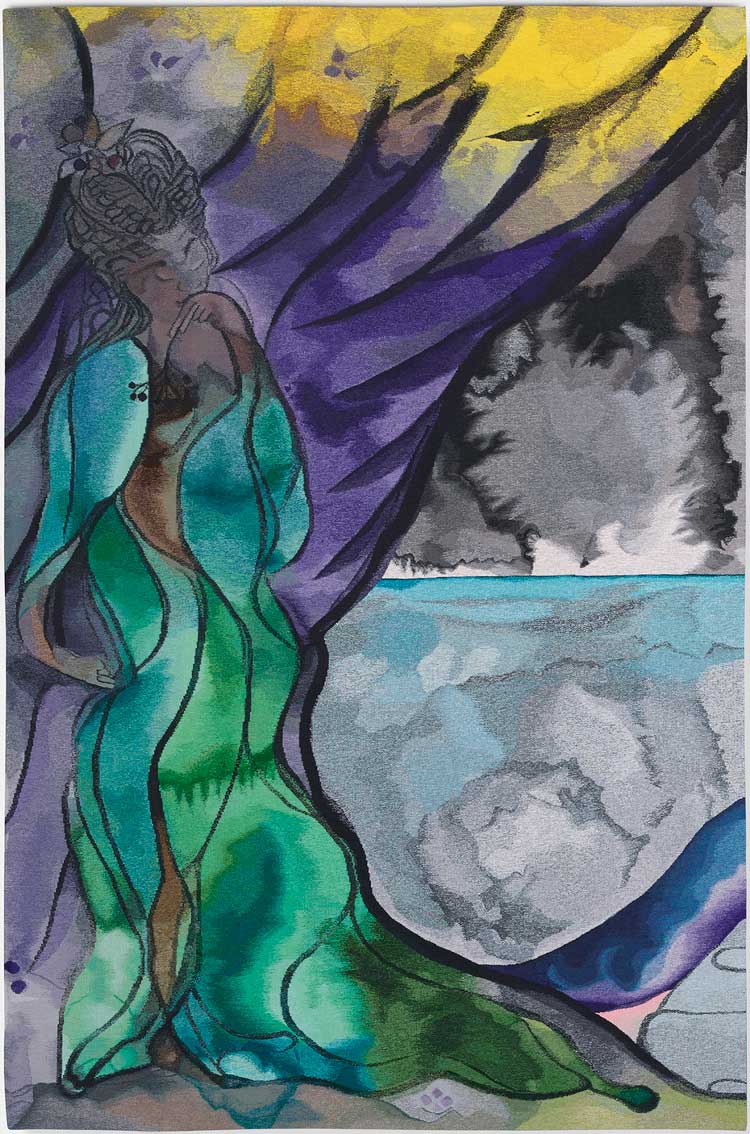 Chris Ofili, The Caged Bird's Song, 2014–17. Triptych (left panel), wool, cotton and viscose, 280 x 184 cm. © Chris Ofili. Courtesy the artist and Victoria Miro, The Clothworkers' Company and Dovecot Tapestry Studio Edinburgh. Photo: Stephen White.