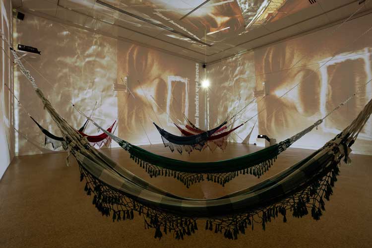 Hélio Oiticica and Neville D’Almeida, Cosmococa/CC5 Hendrix War, 1973. Installation view, Hélio Oiticica: Waiting for the internal sun, De La Warr Pavilion, Bexhill-on-Sea, 23 September 2023 – 14 January 2024. Photo: Rob Harris.