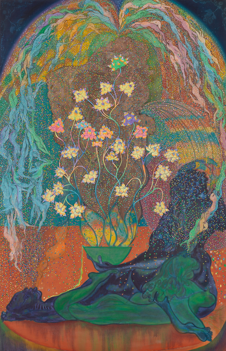 Chris Ofili, The Fountain, 2017-23. Oil and charcoal on linen, 310 x 200 cm (122 x 78 3/4 in). © Chris Ofili. Courtesy the artist and Victoria Miro.