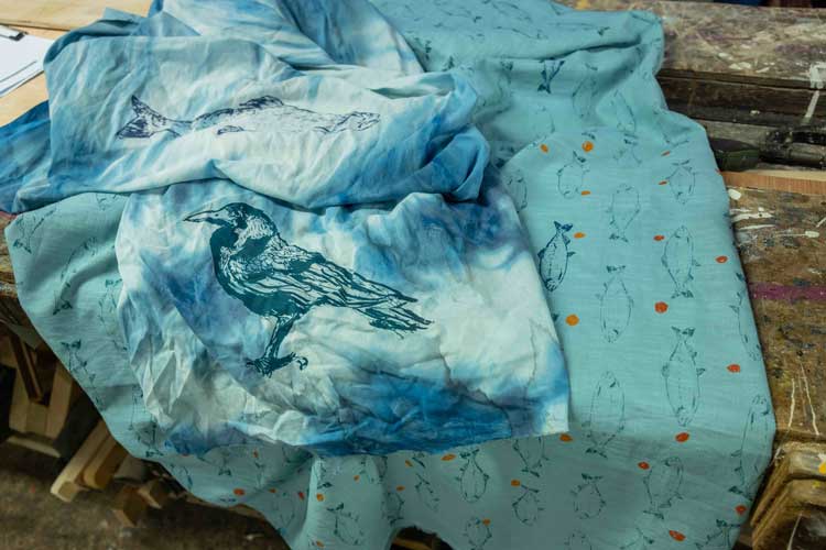 Handprinted garments by Ceyda Oskay, from In From the Margins, 2022, at Meitheal Mara Teoranta boatyard. Photo courtesy John Beasley, Cork, 2022.