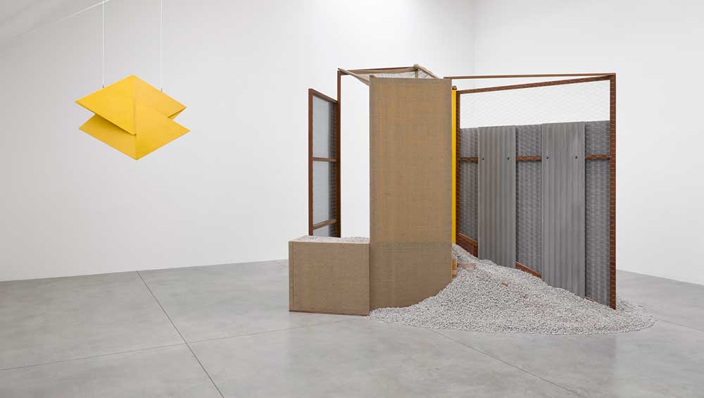 Hélio Oiticica. PN 28 Penetrable, Nas Quebradas, 1979. Wood, brick, metal, nylon mesh, metal mesh, roof tile, plastic and jute, 357 x 450 x 310 cm (140 1/2 x 177 1/8 x 122 in). © Estate of Hélio Oiticica, Courtesy Lisson Gallery.