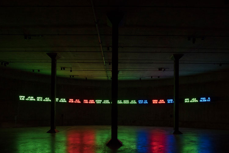 Emeka Ogboh, The Way Earthly Things Are Going, 2017. Multichannel sound installation and LED display. Installation view, The Tanks, Tate Modern. Copyright Tate Modern.