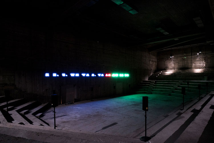 Emeka Ogboh, The Way Earthly Things Are Going, 2017. Multichannel sound installation and LED display. Installation view, Documenta 14, Athens, 2017. Photo: Mathias Völzke.