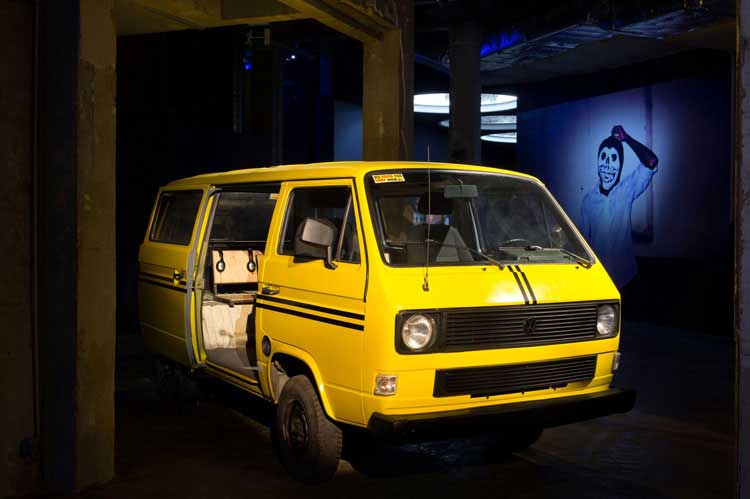 Emeka Ogboh, LOS-CDG, 2019. Multichannel sound installation and Danfo bus. Installation view, City Prince/sses, Palais de Tokyo. Copyright Palais de Tokyo. Photo: Marc Domage.