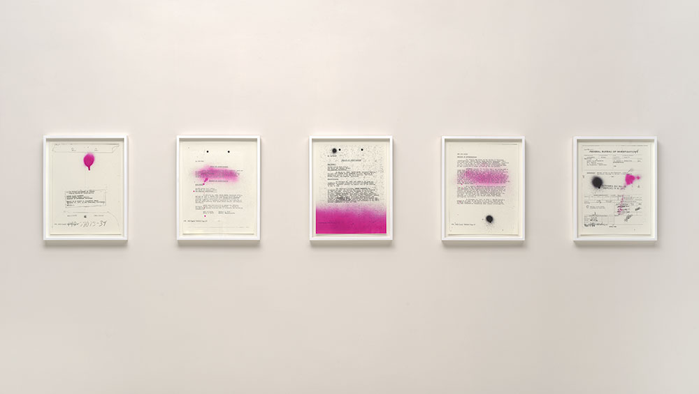 Sadie Barnette. My Father's FBI File; Government Employees Installation, 2017 (detail). Five inkjet prints, edition 3/5, 22 x 17 in (55.9 x 43.2 cm) each. Solomon R. Guggenheim Museum, New York.