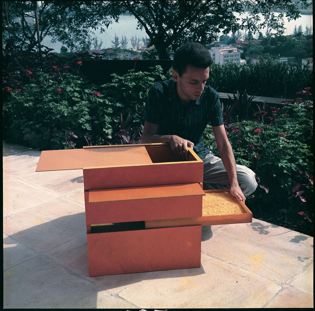 Hélio Oiticica, B11 Box Bólide 9 (B11 Bólide caixa 9 ) at Rua Engenheiro Alfredo Duarte, Rio de Janeiro, 1964. Oil with polyvinyl acetate emulsion on wood and glass, pigment, 19 5/8 × 19 11/16 × 13 3/8 in. (49.8 × 50 × 34 cm). Tate, London; purchased with assistance from the American Fund for the Tate Gallery, Tate Members and the Art Fund, 1970. Photograph by Desdémone