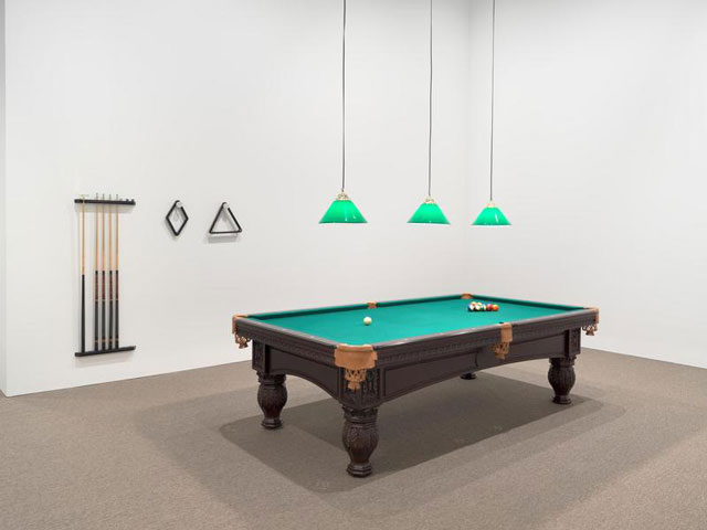 Hélio Oiticica. Installation view. Appropriation—Snooker Room, after Van Gogh’s Night Café (Apropriação—Mesa de bilhar, d’aprés O Café Noturno de Van Gogh), 1966. Installation with billard table, wall rack and accessories. Exhibition copy from the César and Claudio Oiticica Collection, Rio de Janeiro. Photograph by Ron Amstutz