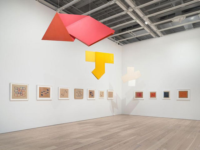 Installation view of Hélio Oiticica: To Organise Delirium (Whitney Museum of American Art, New York, July 14–October 1, 2017). From left to right, top to bottom: Metaesquema 362, 1958; P58 Spatial Relief, Red (P58 Relevo espacial, vermêlho), 1960; P52 Spatial Relief (P52 Relevo espacial), 1960; Metaesquema, c. 1956; Metaesquema, 1957; Metaesquema, 1959; Metaesquema, c. 1956; Sêco 10, 1956; Metaesquema, c. 1956; Grupo Frente, ca. 1955; Grupo Frente 136, 1956; Grupo Frente 73, 1955-56; Grupo Frente, ca. 1955. Photograph: Ron Amstutz