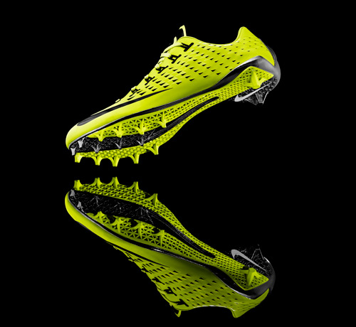 Shane Kohatsu
. Nike Vapor Laser Talon, 2013. Synthetic thermoplastic polyurethane textile upper, cubic dipped and painted nylon plate; laser sintering.
Courtesy of Nike
. Photograph: Nike.