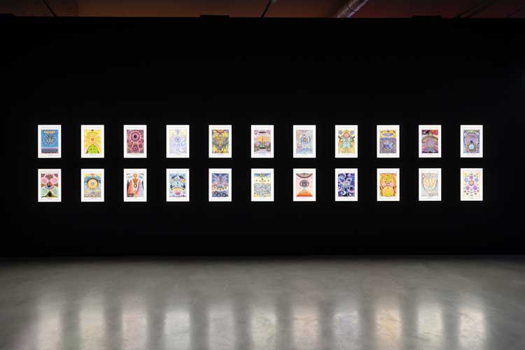 Suzanne Treister, HEXEN 5.0/Tarot, 2023–2025. Installation view, Pixel Pioneers, Depot of Museum Boijmans Van Beuningen, Rotterdam, 2026. Courtesy of the artist, Annely Juda Fine Art, London, and P·P·O·W Gallery, New York. Photo: Lotte Stekelenburg.